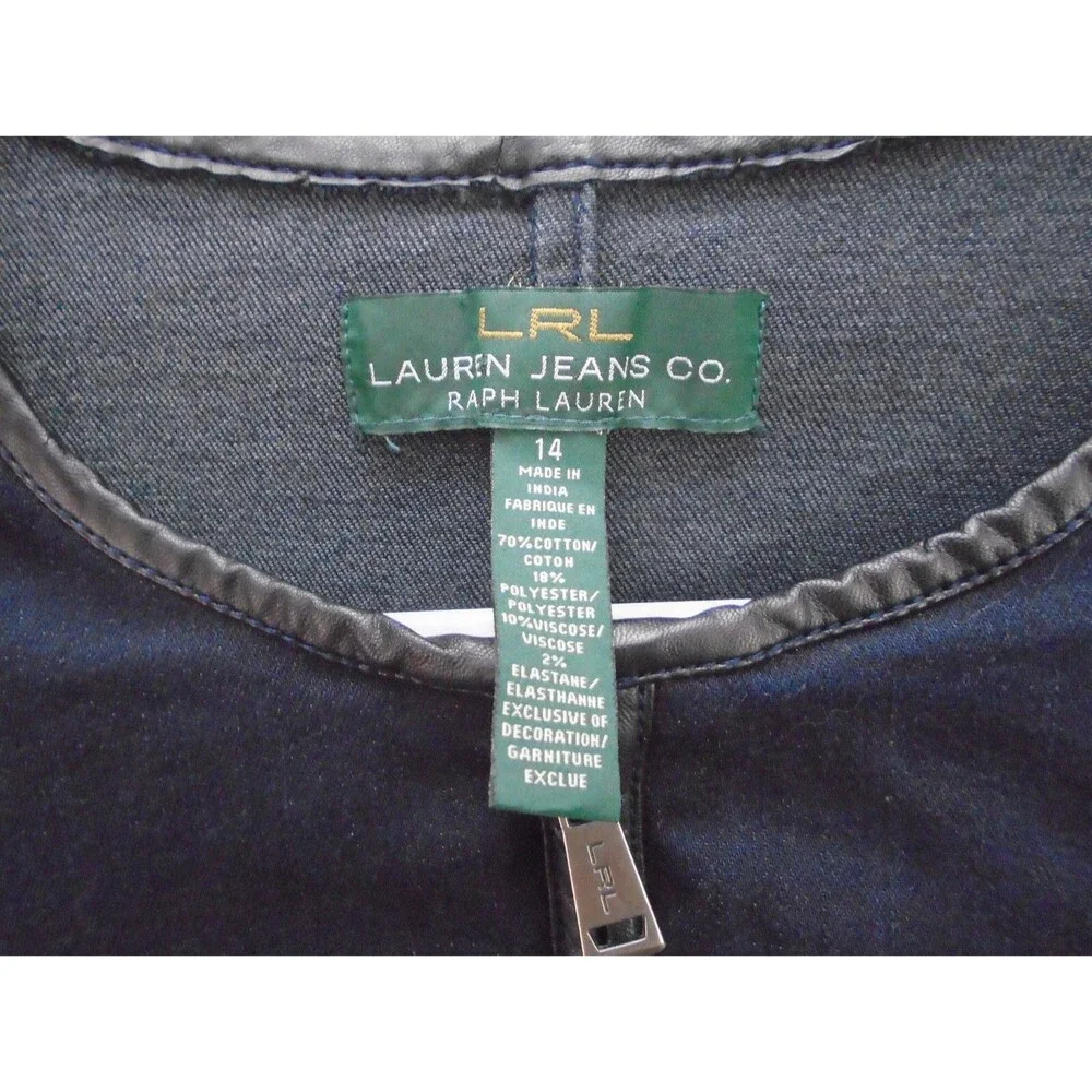 Ralph Lauren Womens Denim Biker MOTO Jacket Size 14 Dark Wash Faux Leather Trim - Picture 4 of 10